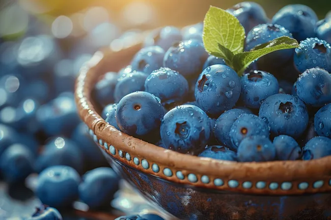Köstliche blaue Heidelbeeren in einer Holzschale