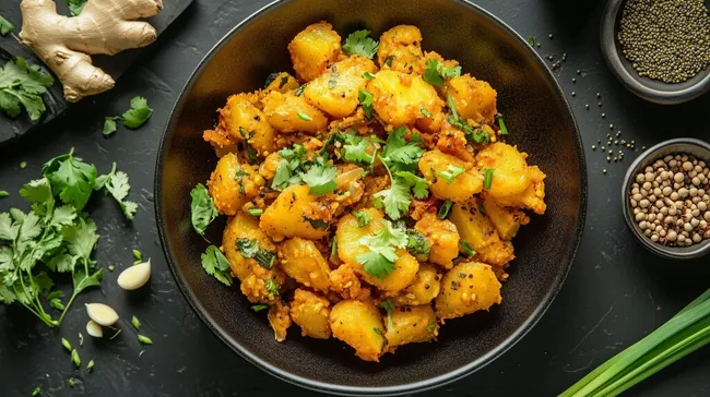 Köstliche Bombay-Kartoffeln auf modernem Teller