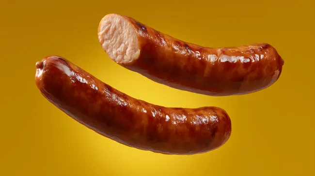 Köstliche Bratwürste auf gelbem Hintergrund