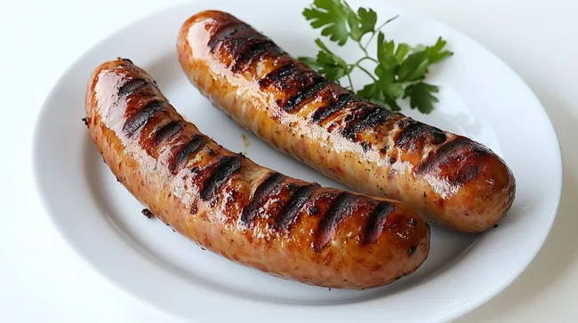 Köstliche Bratwurst mit Grillmarkierungen auf weißem Teller