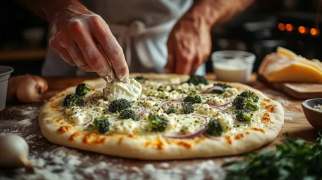 Köstliche Brokkoli-Pizza in Zubereitung