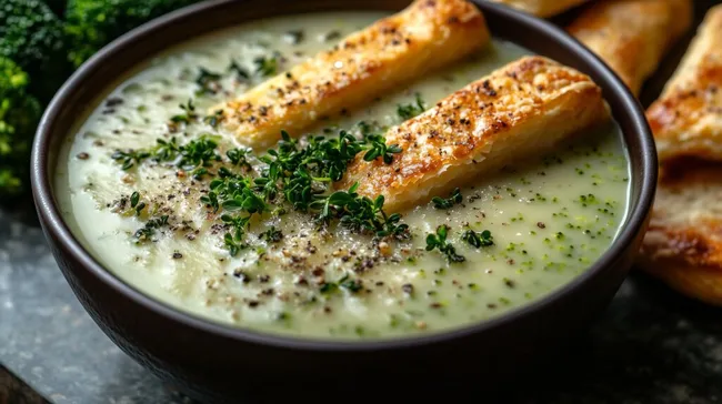 Köstliche Brokkolisuppe mit knusprigen Blätterteigstreifen