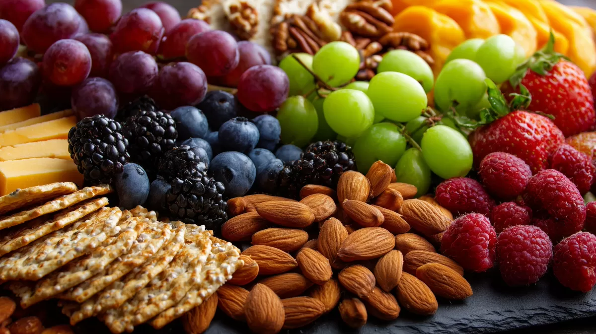 Köstliche, bunte Früchte und Nüsse auf schwarzem Untergrund