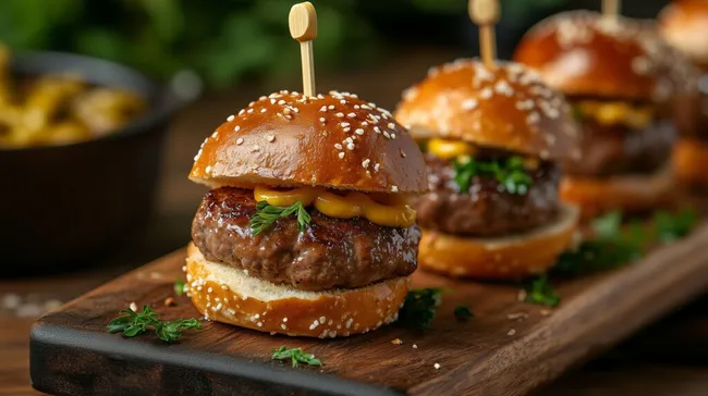 Köstliche Burger auf Holzbrett angerichtet