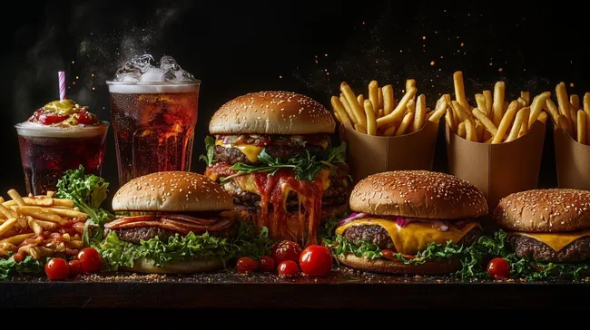 Köstliche Burger und Pommes mit Erfrischungsgetränken