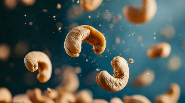 Köstliche Cashewkerne in der Luft vor dunklem Hintergrund