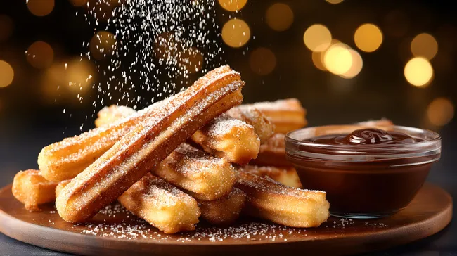 Köstliche Churros mit Puderzucker und Schokoladensoße