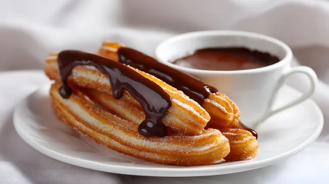 Köstliche Churros mit Schokoladensoße auf weißem Teller