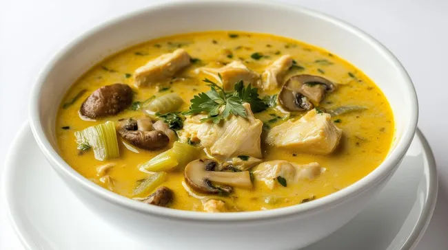 Köstliche, cremige Hühnersuppe mit Lauch und Pilzen