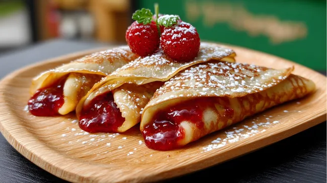 Köstliche Crêpes mit Erdbeermarmelade und Puderzucker
