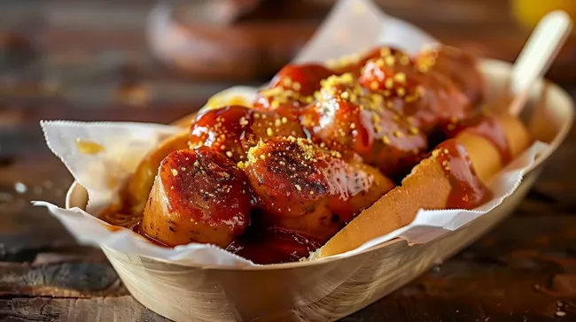 Köstliche Currywurst mit Soße und Gewürzen