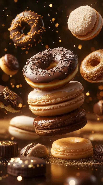 Köstliche Donuts und Makronen in warmer Beleuchtung