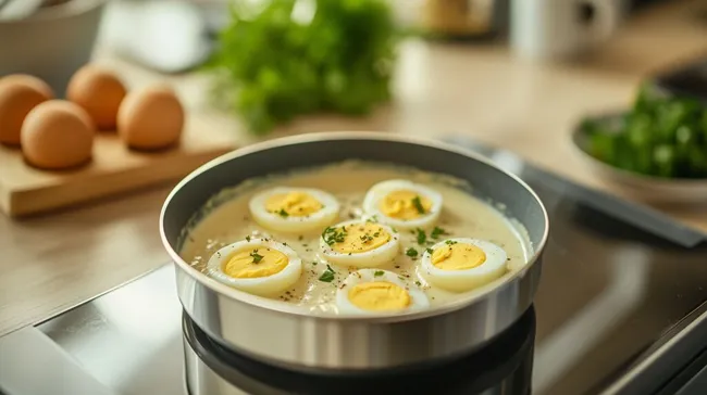 Köstliche Eier in Senfsoße auf Induktionsherd