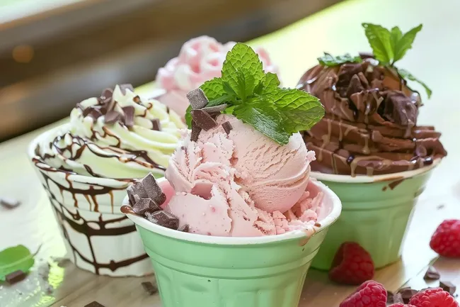 Köstliche Eisbecher mit Schokolade und Früchten