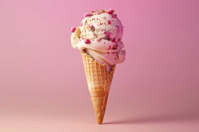 Köstliche Eiskugeln in Waffelhörnchen auf rosafarbenem Hintergrund