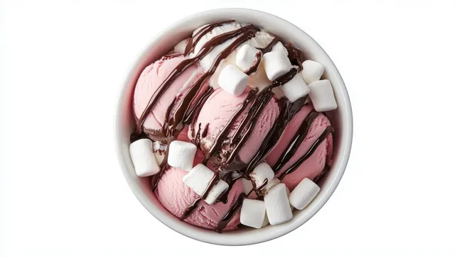 Köstliche Eisschale mit Schokolade und Marshmallows