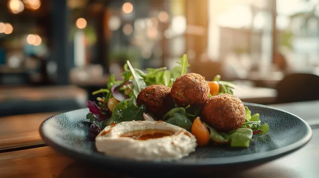 Köstliche Falafel-Bällchen mit frischem Salat und Hummus