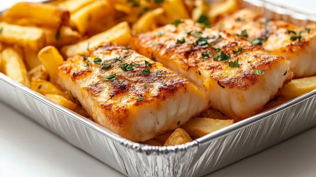 Köstliche Fischgerichte mit knusprigen Pommes in Aluschale