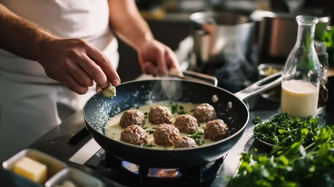 Köstliche Fleischbällchen in cremiger Sauce in der Pfanne