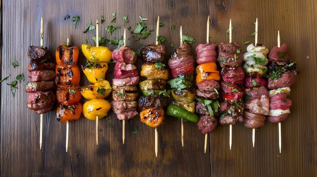 Köstliche Fleischspieße mit gegrilltem Gemüse