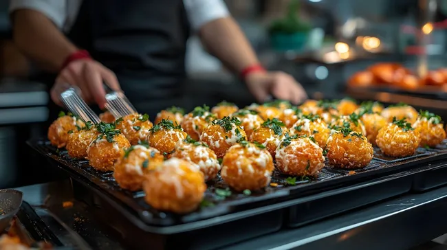 Köstliche frittierte Käsebällchen auf schwarzem Blech