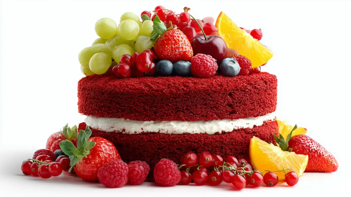 Köstliche Fruchtauswahl auf roter Torte