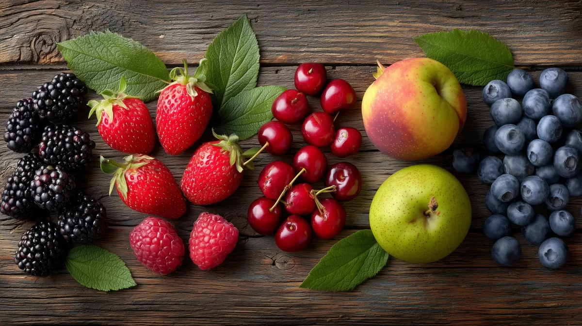Köstliche Früchte und Beeren auf rustikalem Holzhintergrund