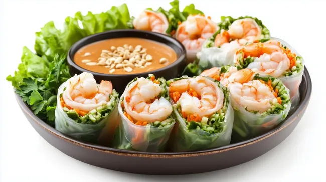 Köstliche Frühlingssalat-Rollen mit Garnelen und Erdnusssauce