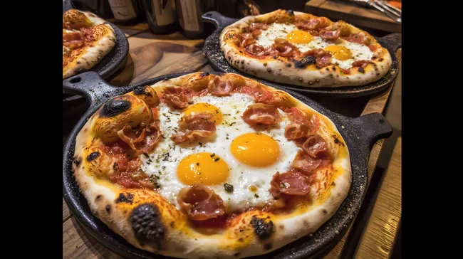 Köstliche Frühstückspizza mit Spiegelei und Speck