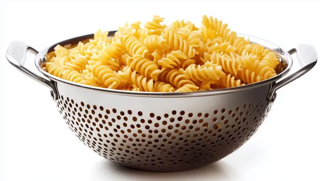 Köstliche Fusilli-Nudeln in Sieb auf weißem Hintergrund