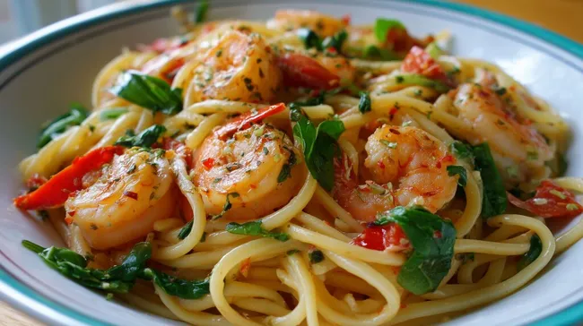 Köstliche Garnelenpasta mit Gemüse auf Teller