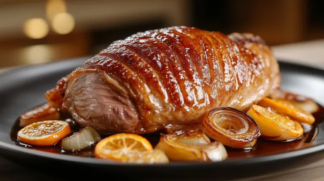 Köstliche gebratene Gänsebrust mit Orangen auf Teller