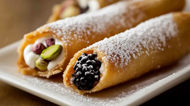 Köstliche gefüllte Cannoli mit Beeren und Pistazien
