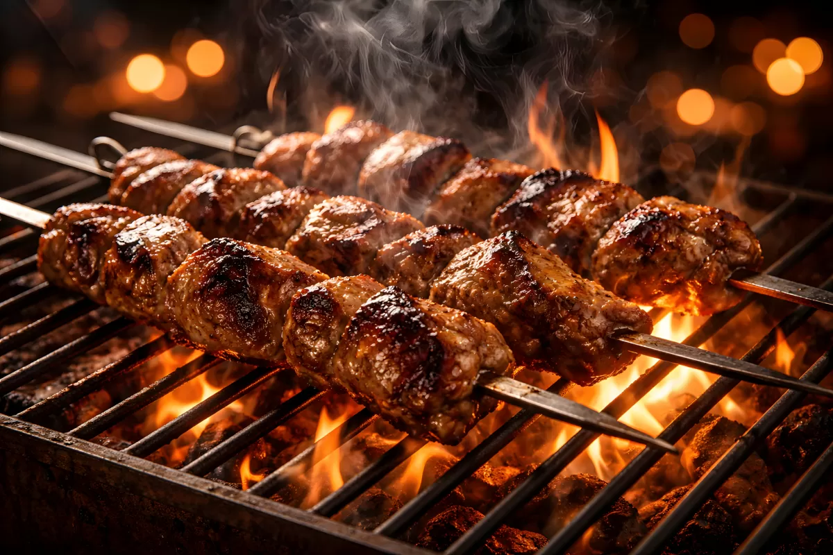 Köstliche Gegrillte Fleischspieße in offenem Feuer