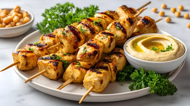 Köstliche gegrillte Hähnchenspiesse mit Hummus-Dip
