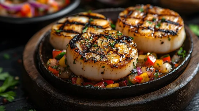 Köstliche gegrillte Jakobsmuscheln mit Gemüserelish