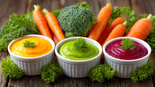 Köstliche Gemüsepürees in rustikalen Schalen