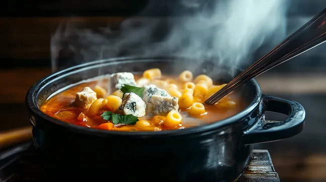 Köstliche Gemüsesuppe mit Nudeln und Blauschimmelkäse