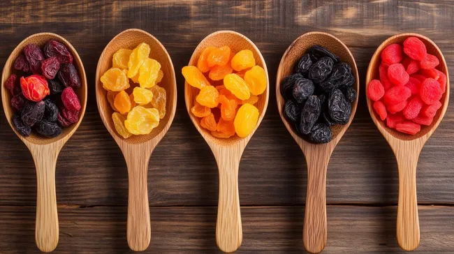 Köstliche getrocknete Früchte in rustikalen Holzlöffeln