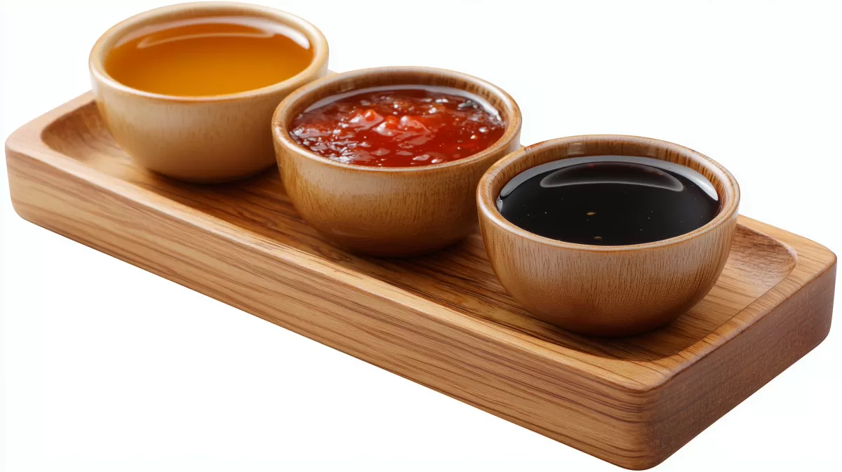 Köstliche Gewürzsaucen auf Holzbrett serviert