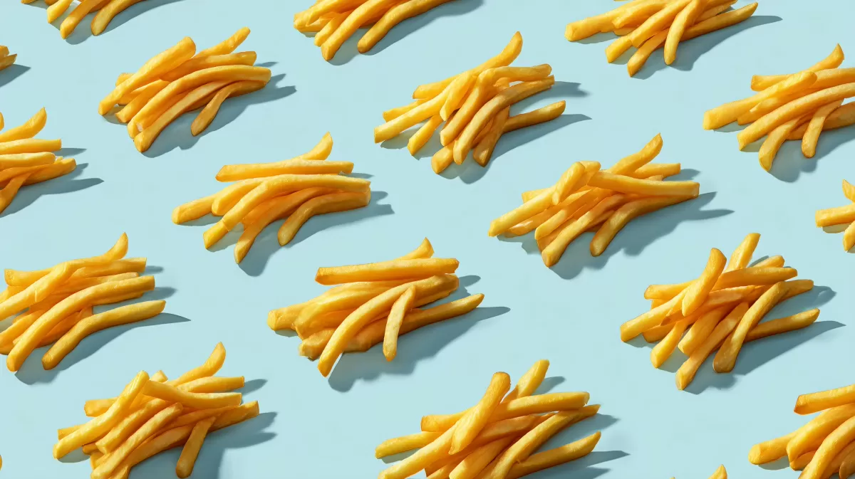 Köstliche, goldene Pommes Frites in Reih und Glied