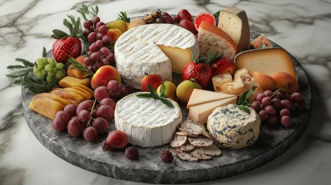 Köstliche Gourmet-Käseplatte mit frischem Obst und Nüssen