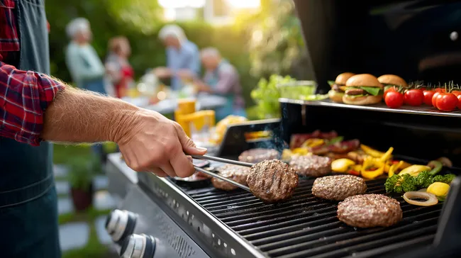 Köstliche Grillparty im Freien mit Burgern und Gemüse