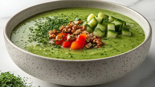Köstliche grüne Gemüsesuppe mit Gurken und Nüssen