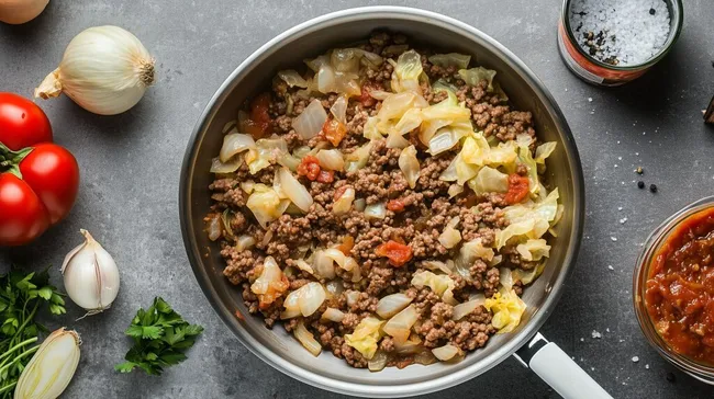 Köstliche Hackfleisch-Kohlpfanne auf dunkler Küchenoberfläche