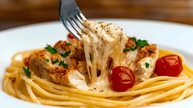 Köstliche Hähnchenteile in Pasta mit geschmolzenem Käse