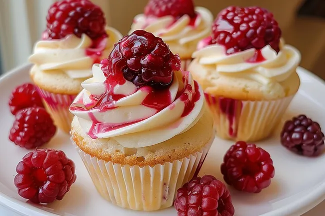 Köstliche himbeerüberzogene Cupcakes mit Sahne und Früchten