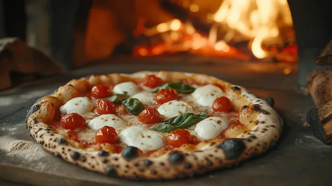 Köstliche Holzofen-Pizza mit Mozzarella und frischen Tomaten