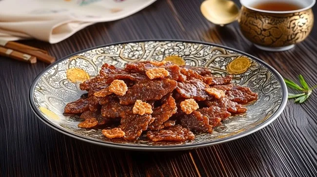 Köstliche, honigglasierte Rindfleischstücke auf verziertem Teller