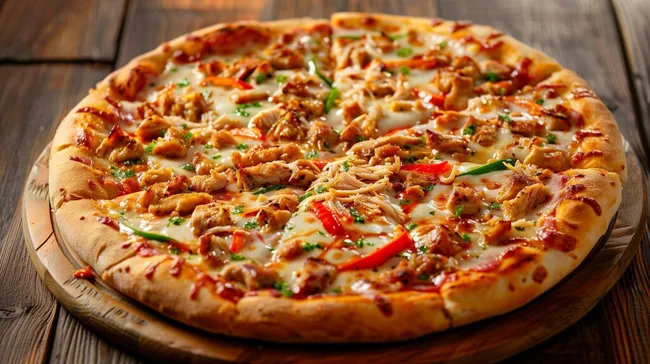 Köstliche Hühnchen-Pizza mit bunten Zutaten auf Holztisch